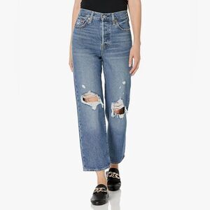 Levi’s Ribcage Straight Ankle Jeans Distressed Knees High Waist Denim Size 28
